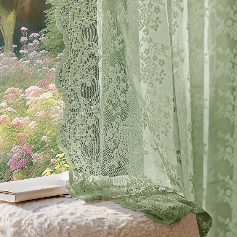 Anmao Vintage Sage Green Lace Curtains 63 Inches Long 2 Panels Sets, Romantic Light Filtering Semi Sheer Floral Thick Lacy Curtain Drapes for Living Room and Bedroom, Each Panel 55W x 63L, Sage Green - Image 1