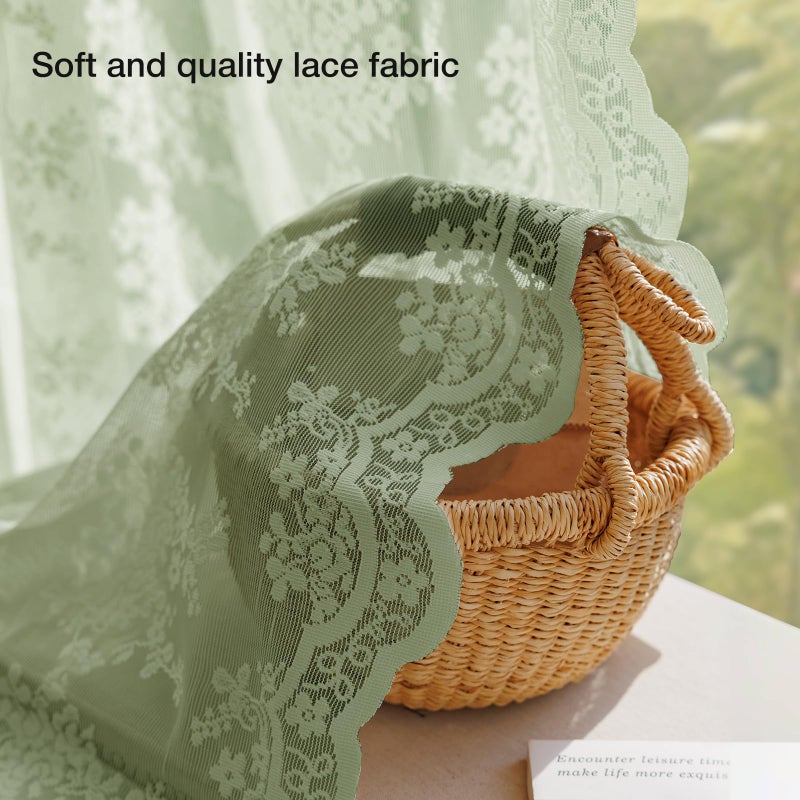 Anmao Vintage Sage Green Lace Curtains 63 Inches Long 2 Panels Sets, Romantic Light Filtering Semi Sheer Floral Thick Lacy Curtain Drapes for Living Room and Bedroom, Each Panel 55W x 63L, Sage Green - Image 4