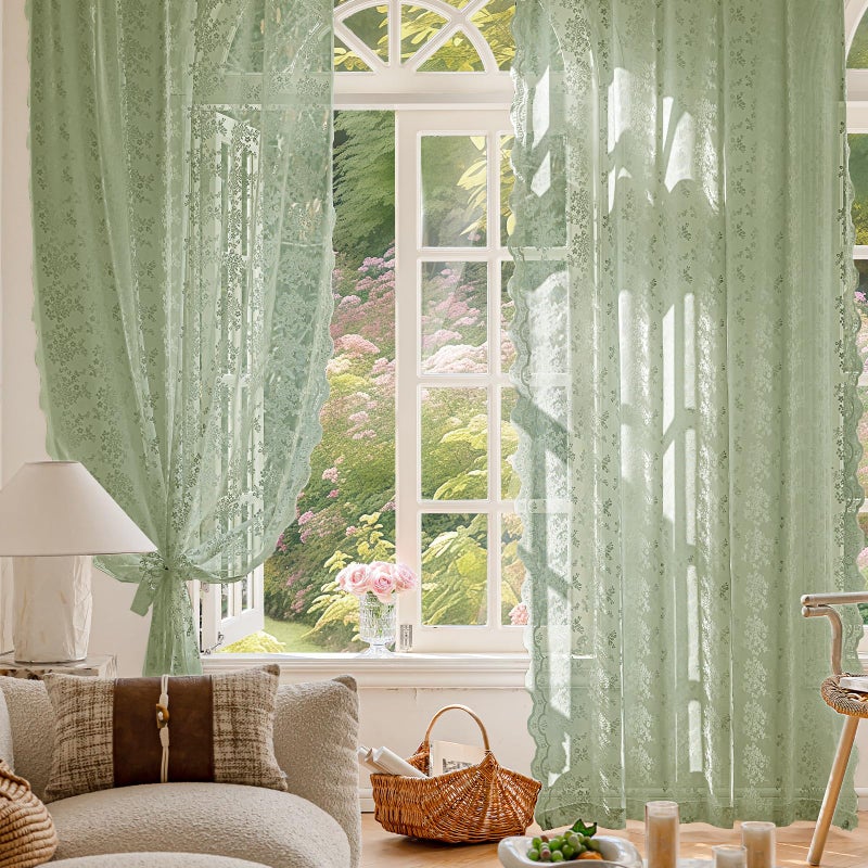 Anmao Vintage Sage Green Lace Curtains 63 Inches Long 2 Panels Sets, Romantic Light Filtering Semi Sheer Floral Thick Lacy Curtain Drapes for Living Room and Bedroom, Each Panel 55W x 63L, Sage Green - Image 5