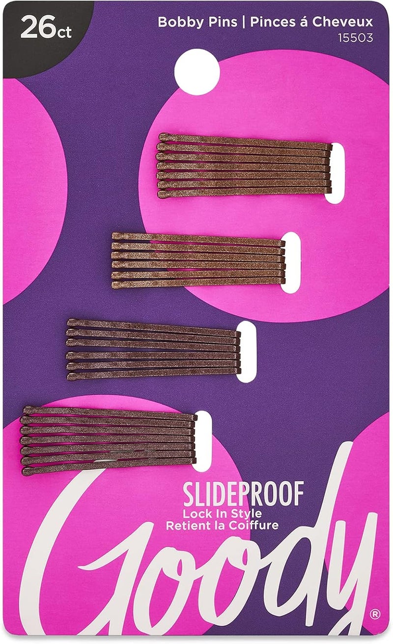 Goody SlideProof Bobby Pins - 26 Count Brown Hair Pins for Comfortable Styling - Image 1