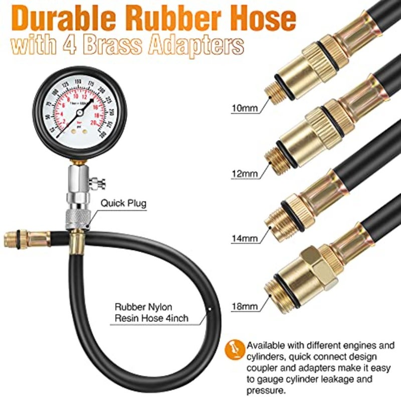 9 Pieces Automotive Compression Tester Kit and Spark Plug Tester, Universal Car and Motorcycle Engine Testing Tools for Cylinder Pressure Gauge - Image 5