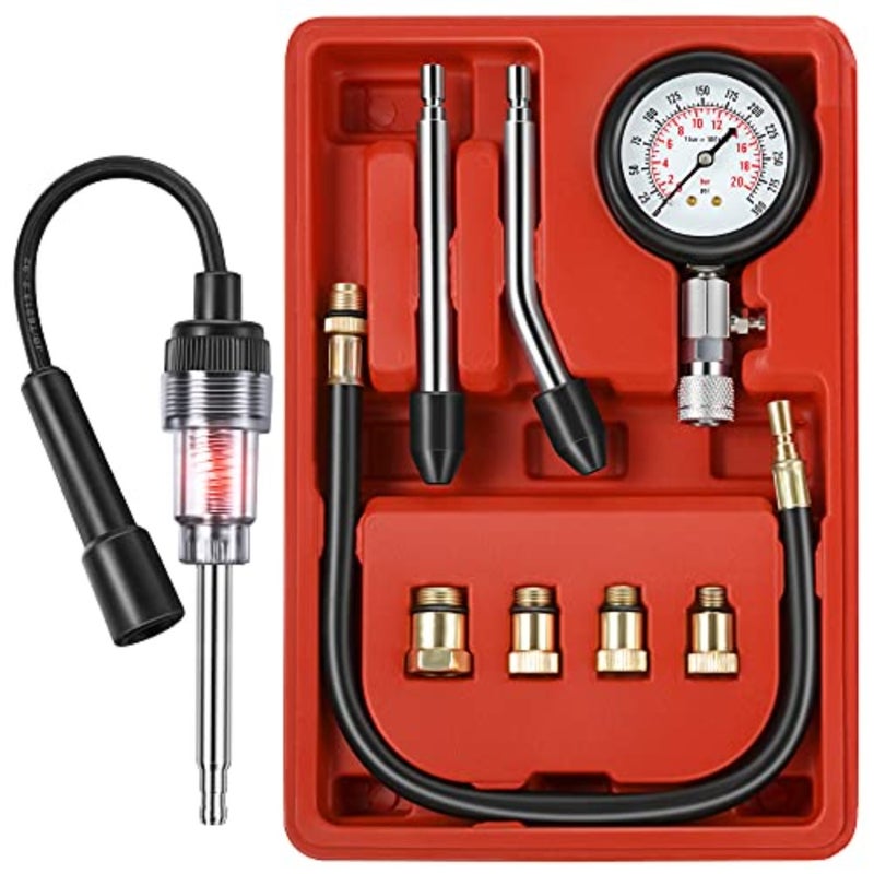 9 Pieces Automotive Compression Tester Kit and Spark Plug Tester, Universal Car and Motorcycle Engine Testing Tools for Cylinder Pressure Gauge - Image 1