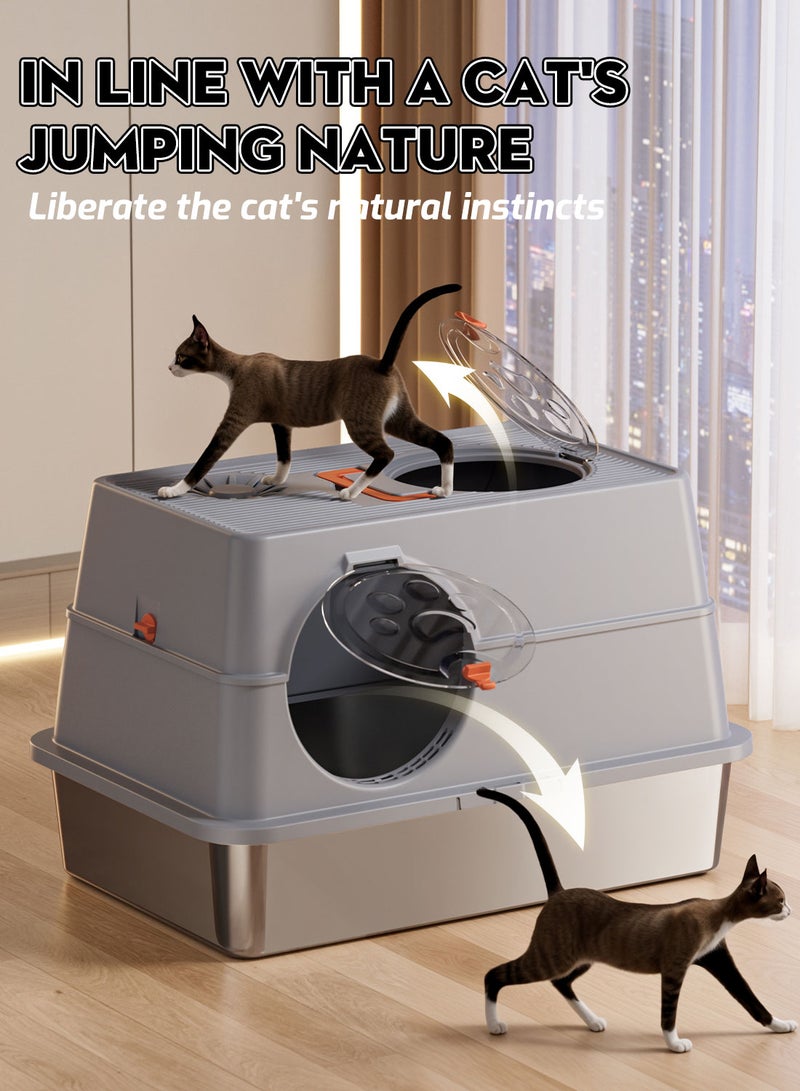 Large Fully Enclosed Stainless Steel Cat Litter Box with Litter Scoop Cat Toilet Cat Litter Tray High Wall Side Shell Non-Sticky Anti Splashing and Easy Clean 60*41*38cm - Image 2