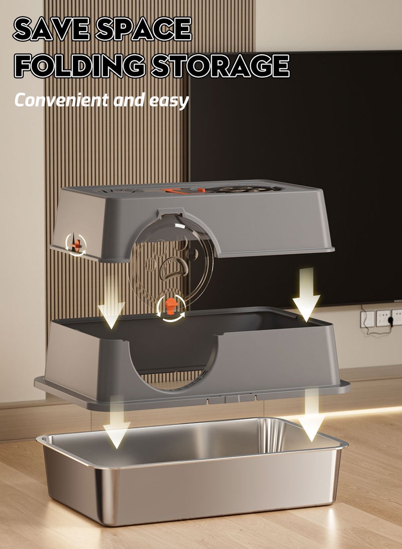 Large Fully Enclosed Stainless Steel Cat Litter Box with Litter Scoop Cat Toilet Cat Litter Tray High Wall Side Shell Non-Sticky Anti Splashing and Easy Clean 60*41*38cm - Image 4