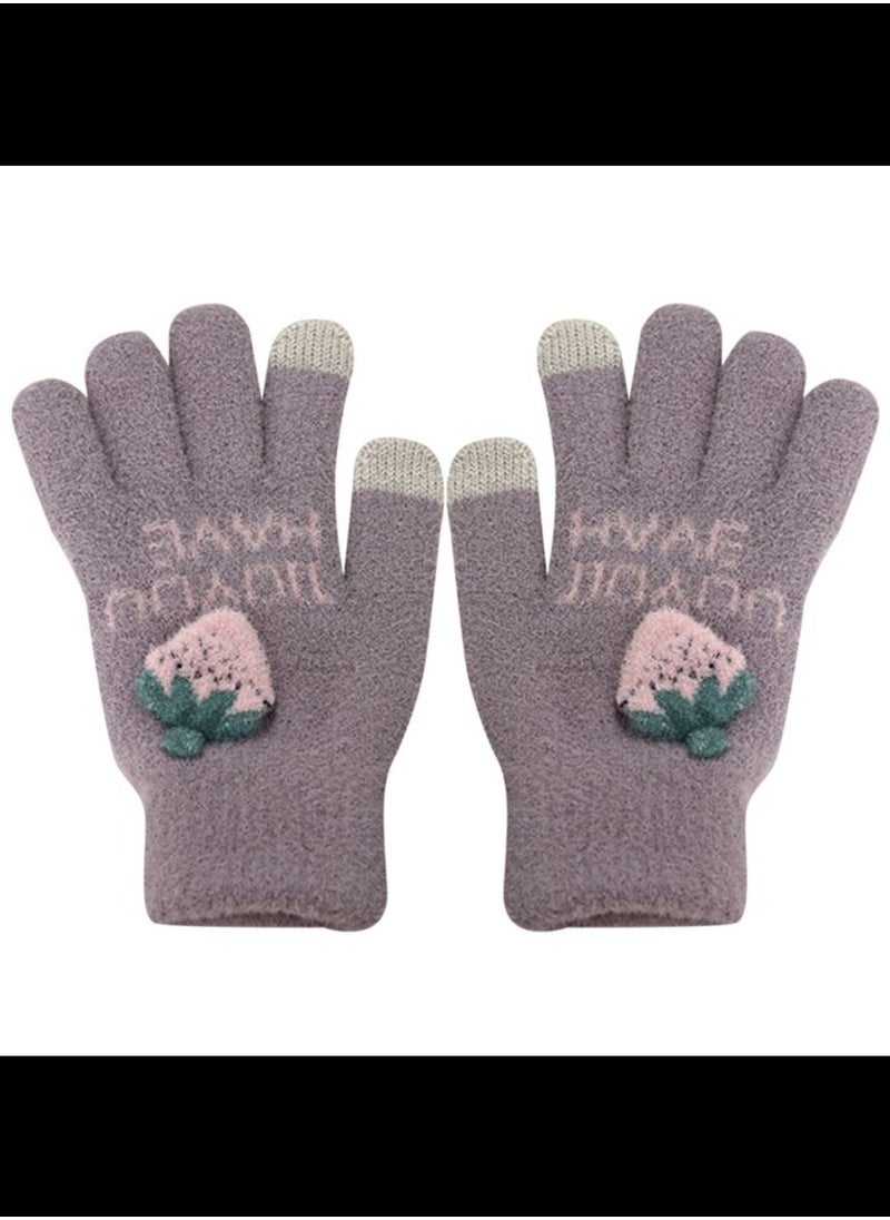 Generic - Women girly strawberry mobile screen touch fingers winter wool gloves - Image 1