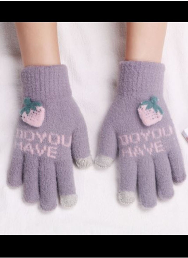 Generic - Women girly strawberry mobile screen touch fingers winter wool gloves - Image 1