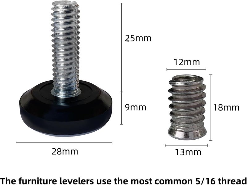 Twig 5/16" Thread Furniture/Table/Chair/Bar Stool Feet Levelers Screw On for Wood Leg Leveling Glides,5/16-18 Threaded Adjustable Foot Pads Screws in with Inserts (8 Pcs/Package) - Image 2