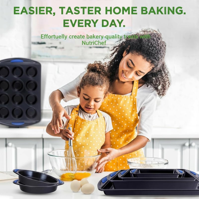 NutriChef 10-Piece Nonstick Bakeware Set - Heavy Duty Carbon Steel Baking Trays w/Silicone Handles - Includes Cookie Sheets, 12-Cup Muffin Pan, Pizza & Loaf Pan, Round & Square Pans - Easy to Clean - Image 3