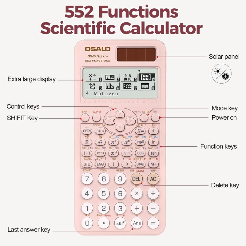 OSALO Scientific Calculator 552 Functions 4 Line Written Display Solar and Battery for School College Math Engineering Calculators Pink (OS-991EX CW) - Image 5