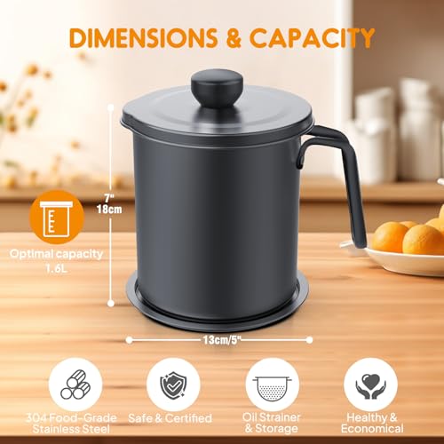 Chihee Grease Container Stainless Steel Bacon Grease Saver with Fine Mesh Strainer 2L / 67.6 fl oz Oil Container Grease Can with Dust-proof Lid Non-slip Tray for Kitchen Storing Frying Cooking Grease - Image 4