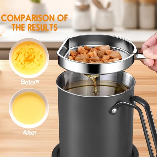 Chihee Grease Container Stainless Steel Bacon Grease Saver with Fine Mesh Strainer 2L / 67.6 fl oz Oil Container Grease Can with Dust-proof Lid Non-slip Tray for Kitchen Storing Frying Cooking Grease - Image 3