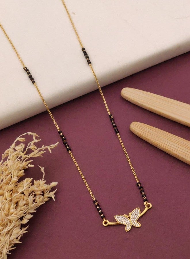 sweeply Elegant Butterfly Design Mangalsutra with Round Stones | Stylish Daily, Wear Black Bead Necklace for Women & Girls, Best Birthday Gift, perfect for Anniversary gift, Mother's Day gift, Valentine Giftt, Gift for Diwali - Image 2