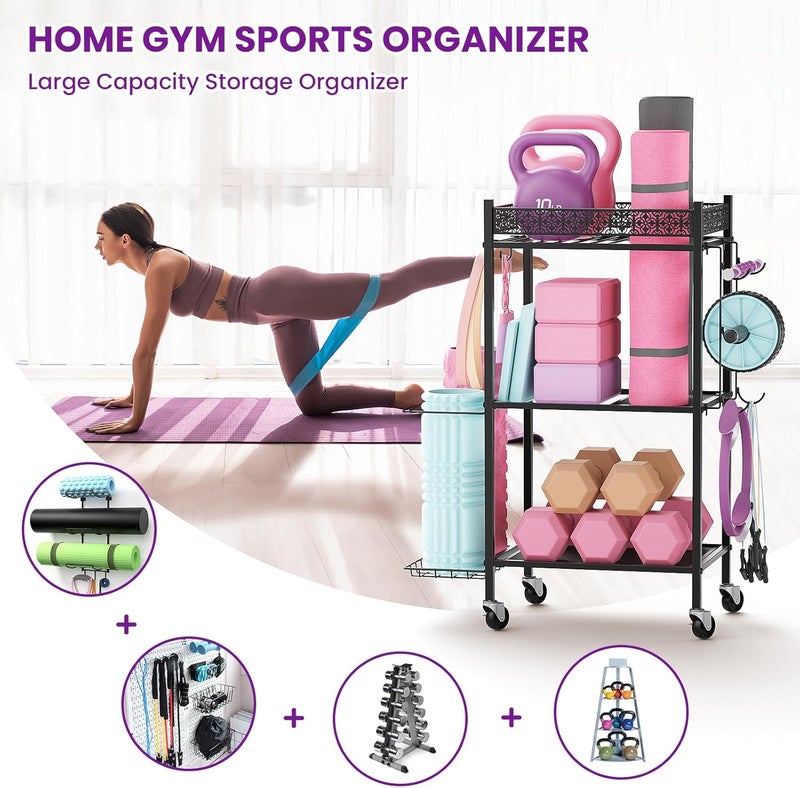 VOPEAK Yoga Mat Storage Rack, Home Gym Storage Rack Yoga Mat Holder, Workout Storage for Yoga Mat, Foam Roller, Gym Organizer Gym Equipment Storage for Home Exercise and Fitness Gear (Metal) - Image 2