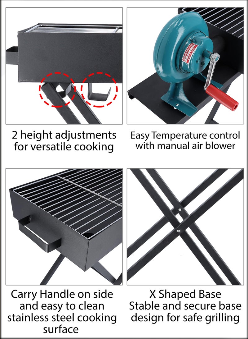 DBLEW Foldable Charcoal BBQ Grill 110cm With Manual Air Blower Fan Large Capacity Portable Stainless Steel Portable Adjustable Height Barbecue Grilling Rack with Stand, Anti-Scald Grill Clip Smoker Stand for Garden Backyard Hiking Picnics Beach Party, Cooking Mutton Kebabs, Tikka, Chicken Sausage, Beef Boti for 5-15 People - Image 3