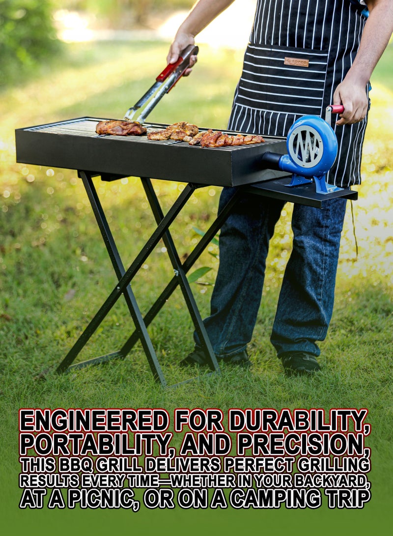 DBLEW Foldable Charcoal BBQ Grill 110cm With Manual Air Blower Fan Large Capacity Portable Stainless Steel Portable Adjustable Height Barbecue Grilling Rack with Stand, Anti-Scald Grill Clip Smoker Stand for Garden Backyard Hiking Picnics Beach Party, Cooking Mutton Kebabs, Tikka, Chicken Sausage, Beef Boti for 5-15 People - Image 4