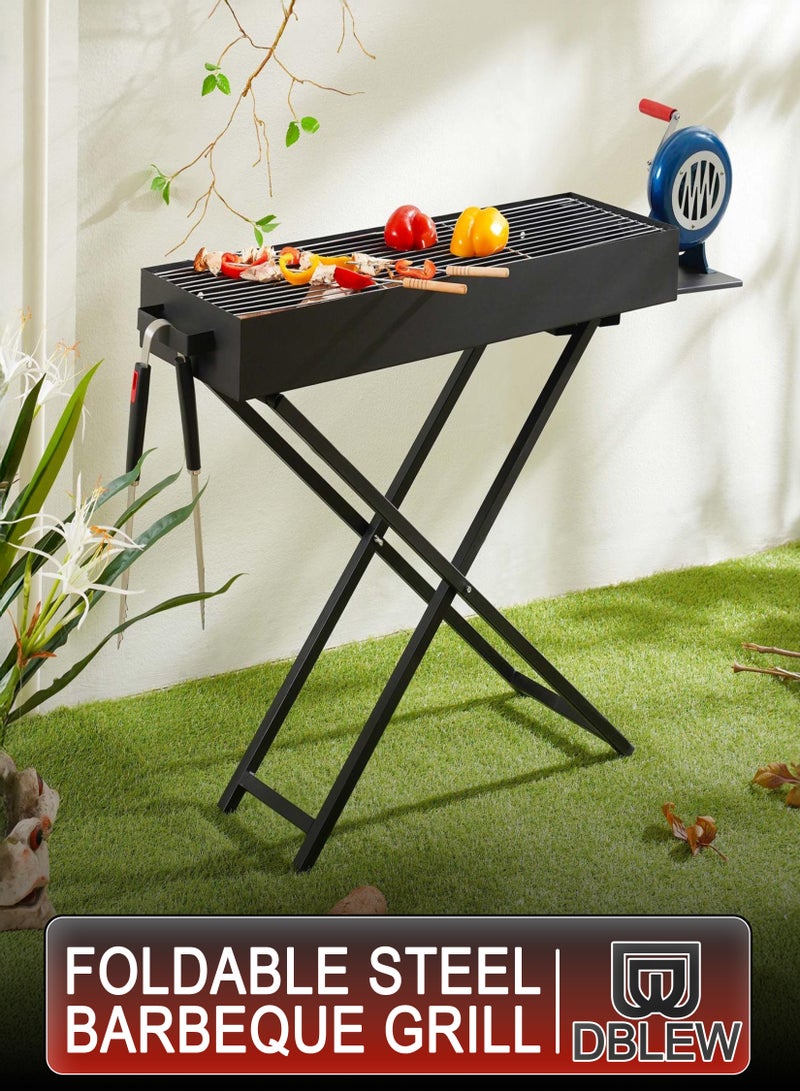 DBLEW Foldable Charcoal BBQ Grill 110cm With Manual Air Blower Fan Large Capacity Portable Stainless Steel Portable Adjustable Height Barbecue Grilling Rack with Stand, Anti-Scald Grill Clip Smoker Stand for Garden Backyard Hiking Picnics Beach Party, Cooking Mutton Kebabs, Tikka, Chicken Sausage, Beef Boti for 5-15 People - Image 1