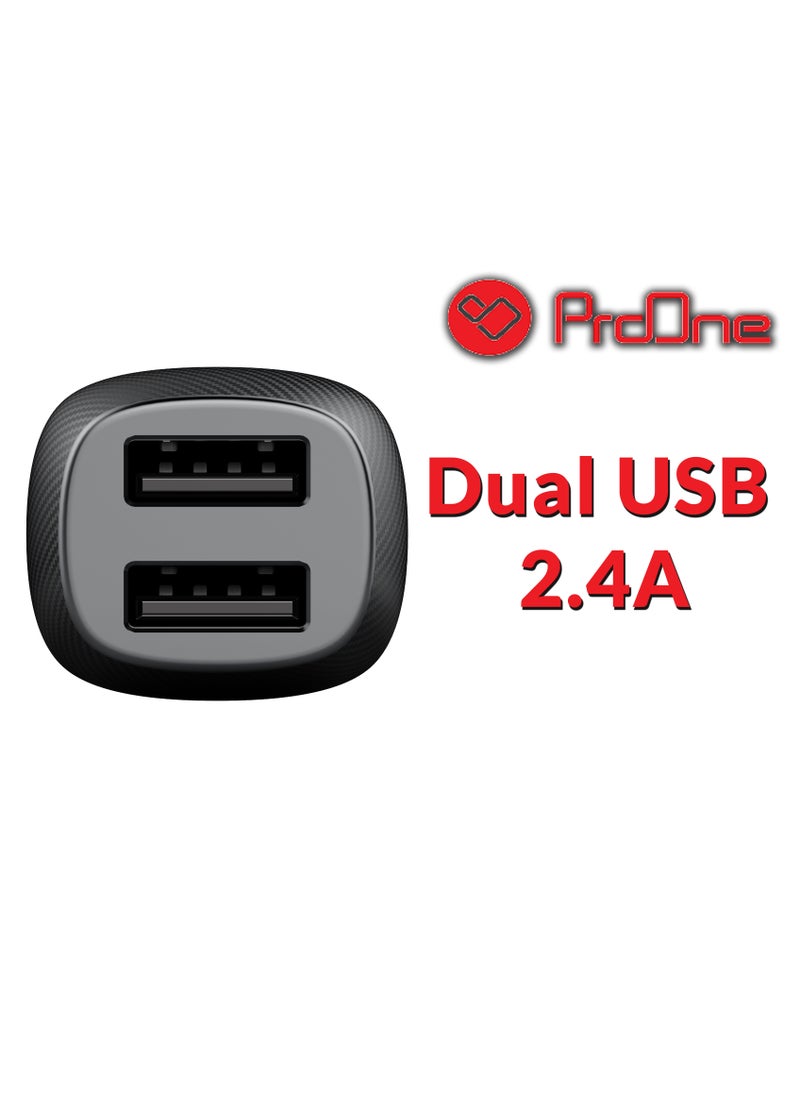 ProOne - ProOne Mini 24W Dual USB Car Charger – Alloy Car Adapter with Blue LED, 5V-2.4A Output, Ultra-Compact Design, Compatible with iPhone 12/12 Pro/11/11 Pro/XR/Xs/Max/X, iPad Pro/Air 2/Mini, Galaxy - Image 1
