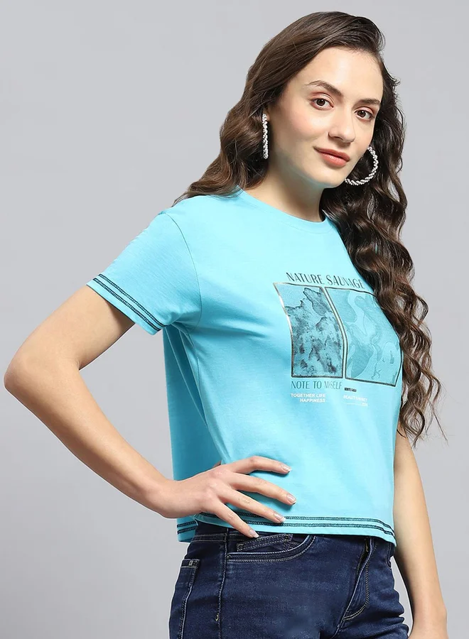 Monte Carlo Women Blue Graphic Printed Round Neck Top