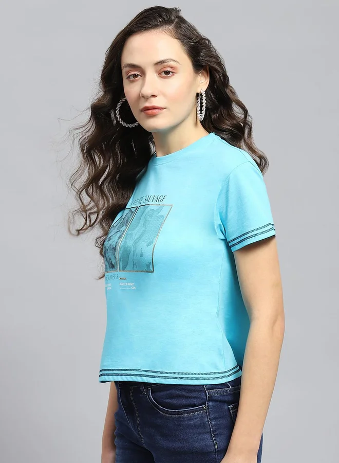 Monte Carlo Women Blue Graphic Printed Round Neck Top