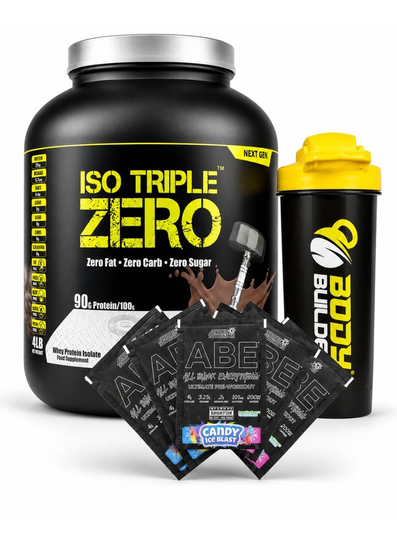 Laperva ISO Triple Zero Protein with Belgian Chocolate Flavor 4LB + Abe Pre-workout Sachets 5 Pieces + Body Builder Shaker - Image 1
