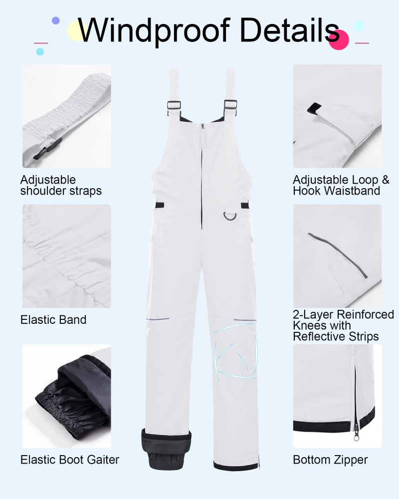 CREATMO US Ski Pants Kids Bib Snow Pants Boys Waterproof Ski Bibs Warm Snow Pants Snowboarding Overall Insulated Outdoor Jumpsuit White 4/5 - Image 3