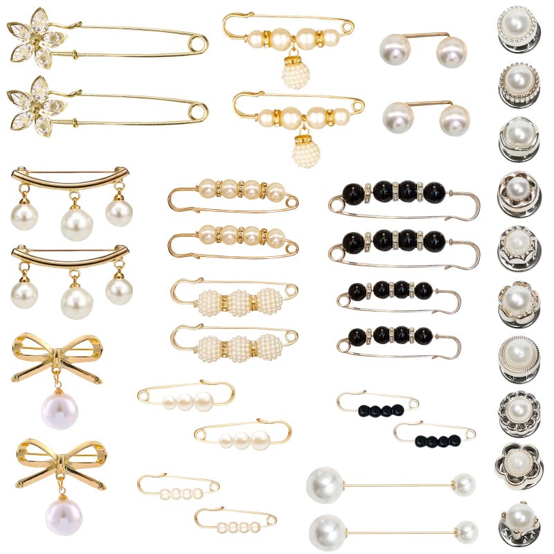 OYANIMO 36 Pcs Pearl Brooch Pins Sweater Shawl Clip Neckline Safety Pin Faux Rhinestones Brooches for Women Clothing Dress Pants Skirt Waist Decoration Accessories - Image 1