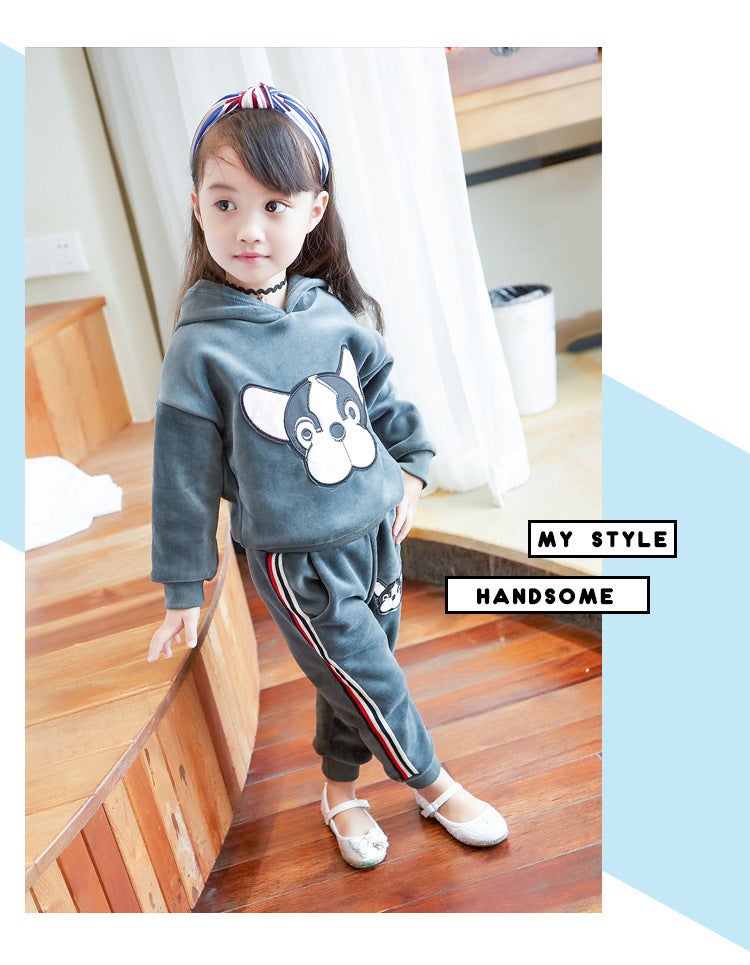Girls 2023 Autumn Winter Velvet Hoodie Pants Set Gray plus velvet thickening