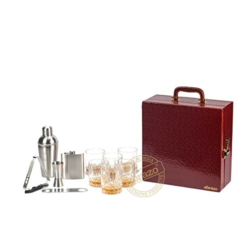 Abrazo Leatherette Croc Brown Portable Bar Set | 12 Pcs with 6 Whiskey Glasses | Mini Bar for Home & Car - Image 2