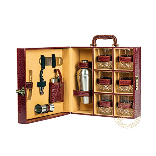 Abrazo Leatherette Croc Brown Portable Bar Set | 12 Pcs with 6 Whiskey Glasses | Mini Bar for Home & Car - Image 1
