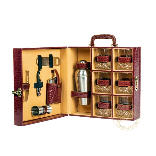 Abrazo Leatherette Croc Brown Portable Bar Set | 12 Pcs with 6 Whiskey Glasses | Mini Bar for Home & Car - Image 5