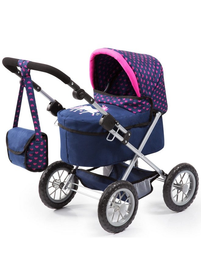 Bayer Design دمى: عربة عصرية زرقاء وردية مع قلوب تشمل حقيبة كتف تناسب الدمى حتى 18 مقبض قابل للتعديل للأطفال للعب التخيلي سلة تسوق سهلة الطي للأعمار 3 سنوات فما فوق - Image 1