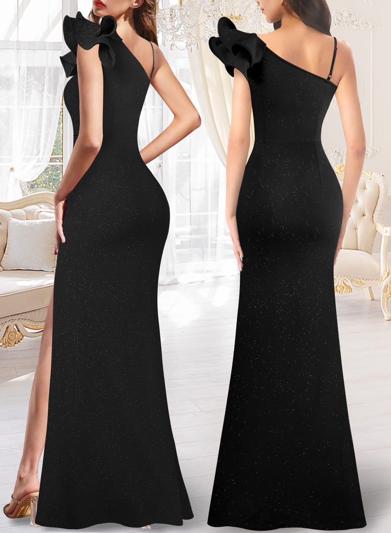 VFSHOW Womens Ruffle One Shoulder Strap Ruched Formal Prom Wedding Maxi Dress V Neck Elegant Split Cocktail Evening Long Gown (Sparkly Black, Large) 10532 BLK L - Image 2