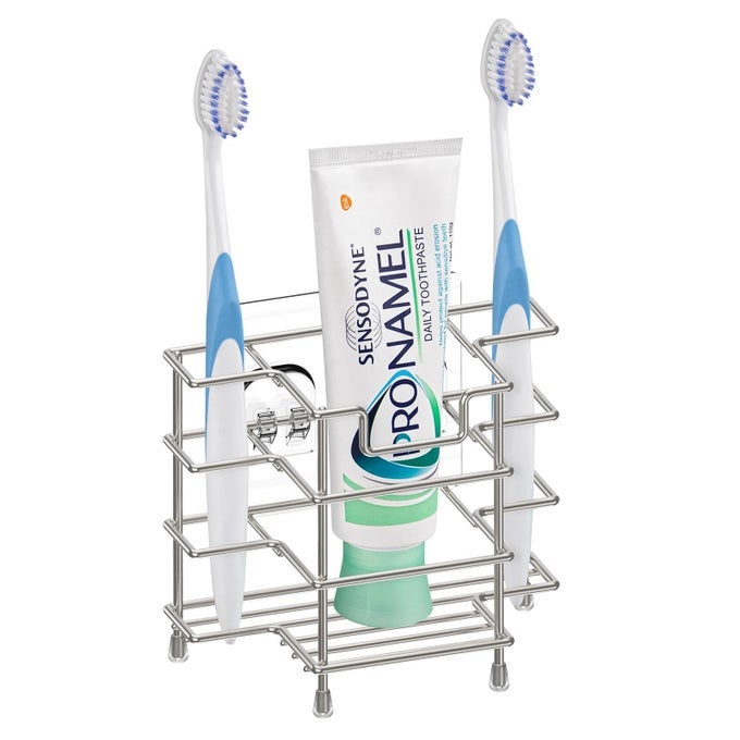 Linkidea STAINLESS STEEL SELFADHESIVE TOOTHBRUSH HOLDER COUNTERTOPWALL MOUNT 3 SLOTS TOOTHPASTE STAND ORGANIZER COMPATIBLE WITH COLGATE EXTRA CLEAN ORALB CROSSACTION BRUSHED NICKEL