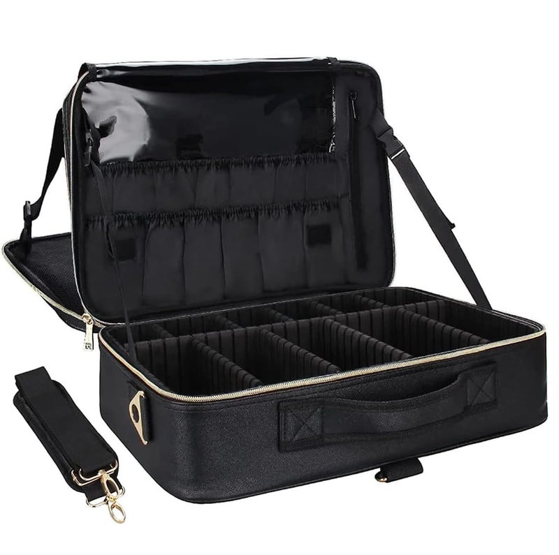 Relavel Makeup Case Large Makeup Bag Professional Train Case 16.5 inches Travel Cosmetic Organizer Brush Holder Waterproof Makeup Artist Storage Box, Large Capacity (Leather Black) - Image 1