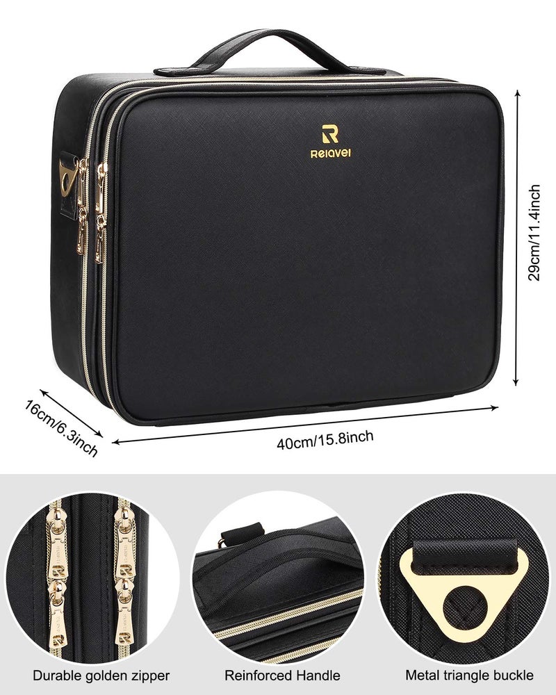 Relavel Makeup Case Large Makeup Bag Professional Train Case 16.5 inches Travel Cosmetic Organizer Brush Holder Waterproof Makeup Artist Storage Box, Large Capacity (Leather Black) - Image 3