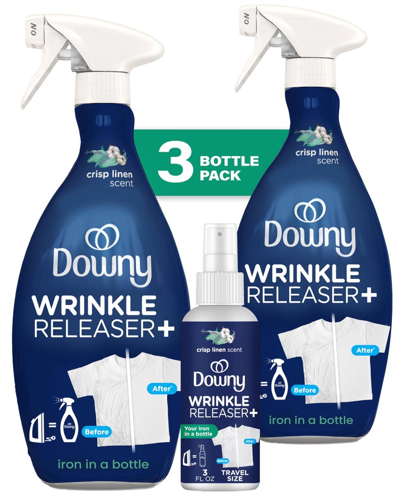 Downy Wrinkle Releaser Spray | All In One Wrinkle Release Spray, Odor Eliminator, Static Remover | Fabric Refresher & Ironing Aid for Clothes | 16.9 Fl Oz (Pack of 2) & 3 FL Oz, Crisp Linen Scent - Image 1