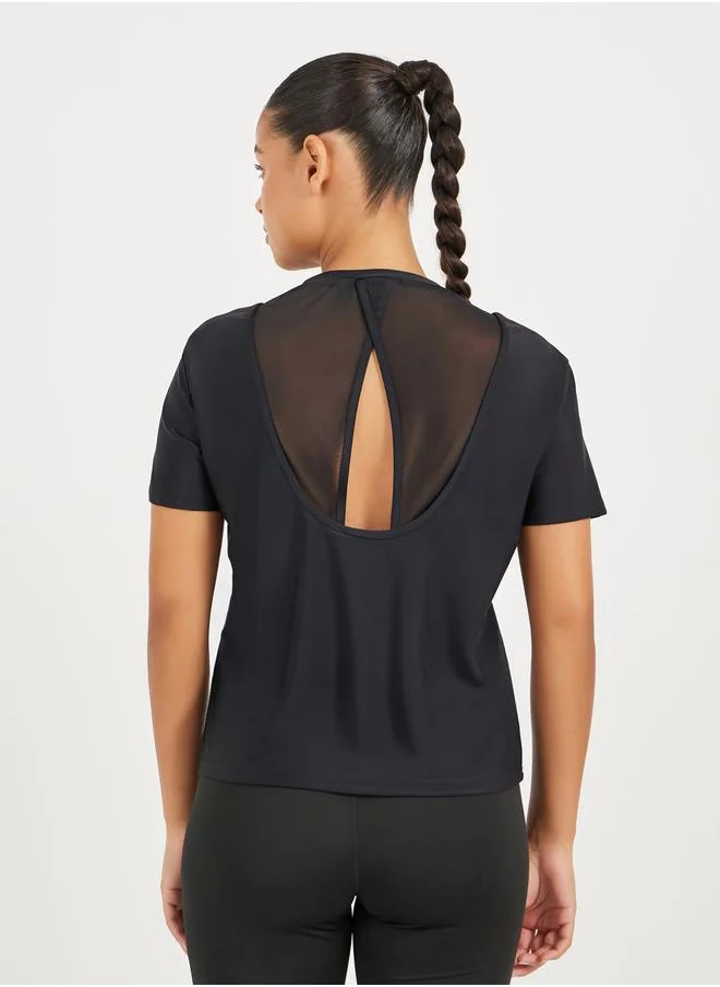 Styli Peep Back Mesh Overlay Insert Short Sleeve Top