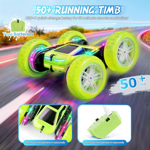 ZQIN Remote Control Car Rc Cars Stunt RC Crawler Toys 4WD 360 Rotating with LED LightUp Wheels Remote Control for 612 for Boys Birthday Gift Green - Image 5