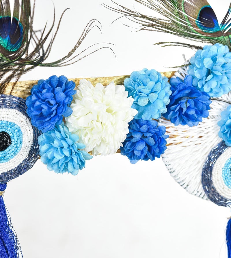 Sanvatsar Evil Eye Wall Hanging Toran with Peacock Feathers, Blue and White Artificial Flowers, Traditional Indian Door Decor with Tassels - Image 2