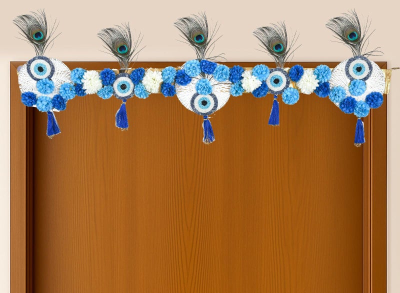 Sanvatsar Evil Eye Wall Hanging Toran with Peacock Feathers, Blue and White Artificial Flowers, Traditional Indian Door Decor with Tassels - Image 1