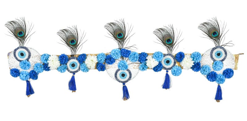 Sanvatsar Evil Eye Wall Hanging Toran with Peacock Feathers, Blue and White Artificial Flowers, Traditional Indian Door Decor with Tassels - Image 5