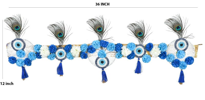 Sanvatsar Evil Eye Wall Hanging Toran with Peacock Feathers, Blue and White Artificial Flowers, Traditional Indian Door Decor with Tassels - Image 4