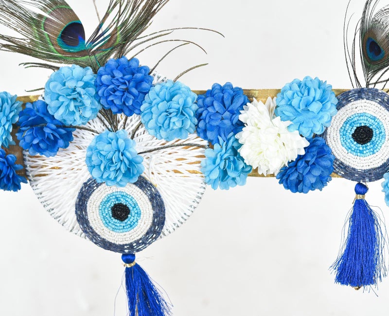 Sanvatsar Evil Eye Wall Hanging Toran with Peacock Feathers, Blue and White Artificial Flowers, Traditional Indian Door Decor with Tassels - Image 3