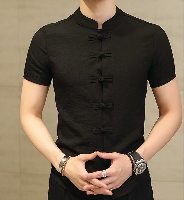 2021 Summer New Arrival Fashion Chinese Style Solid Color Short Sleeve Shirt with Buckle Korean Style Casual Slim Fit Linen Cardigan Grey  - Image 5