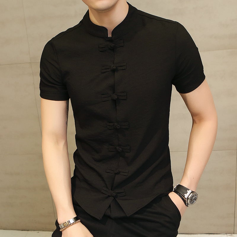 2021 Summer New Arrival Fashion Chinese Style Solid Color Short Sleeve Shirt with Buckle Korean Style Casual Slim Fit Linen Cardigan Grey  - Image 3