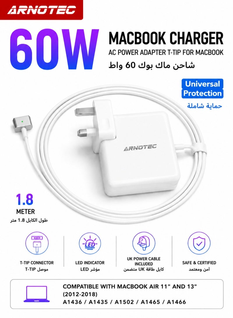 ARNOTEC 60W MagSafe 2 T-Tip Power Adapter Charger for MacBook Air 11â€³ & 13â€³ (2012â€“2018) and MacBook Pro Retina 13â€³ (2012â€“2015), 1.8m Cable, LED Indicator, UK Plug - Image 1