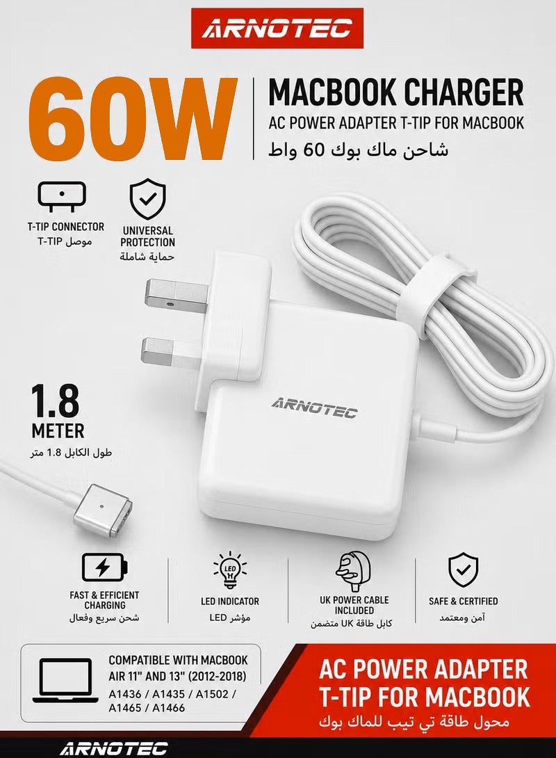 60W MagSafe 2 T-Tip Power Adapter Charger for MacBook Air 11″ & 13″ (2012–2018) and MacBook Pro Retina 13″ (2012–2015), 1.8m Cable, LED Indicator, UK Plug
