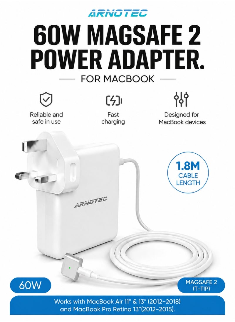 ARNOTEC 60W MagSafe 2 T-Tip Power Adapter Charger for MacBook Air 11" & 13" (2012-2018) MacBook Pro Retina 13" (2012-2015), 1.8m Cable with LED Indicator, UK Plug - Image 1