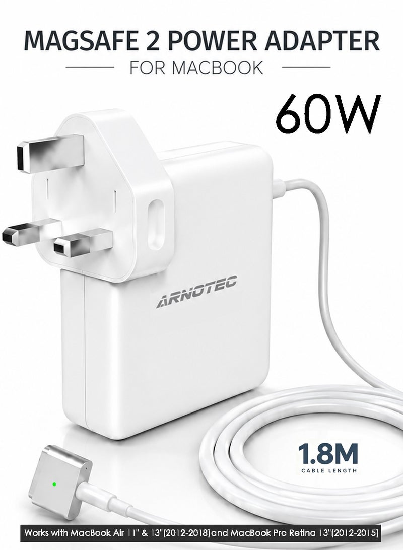ARNOTEC 60W MagSafe 2 T-Tip Power Adapter Charger for MacBook Air 11" & 13" (2012-2018) MacBook Pro Retina 13" (2012-2015), 1.8m Cable with LED Indicator, UK Plug - Image 1