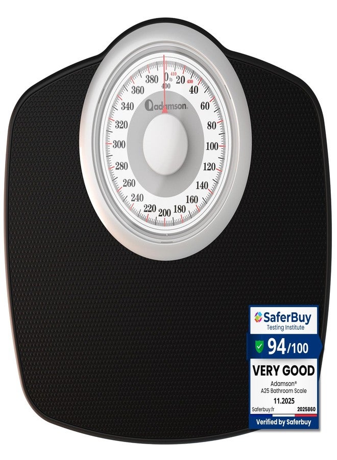 Adamson A25W Scales for Body Weight - Up to 400 LB - 5.3" Dial on 12.4" x 10.2" Platform - Anti-Skid Rubber Surface - High Precision Bathroom Scale Analog - Durable with 20-Year Assurance - White - Image 1